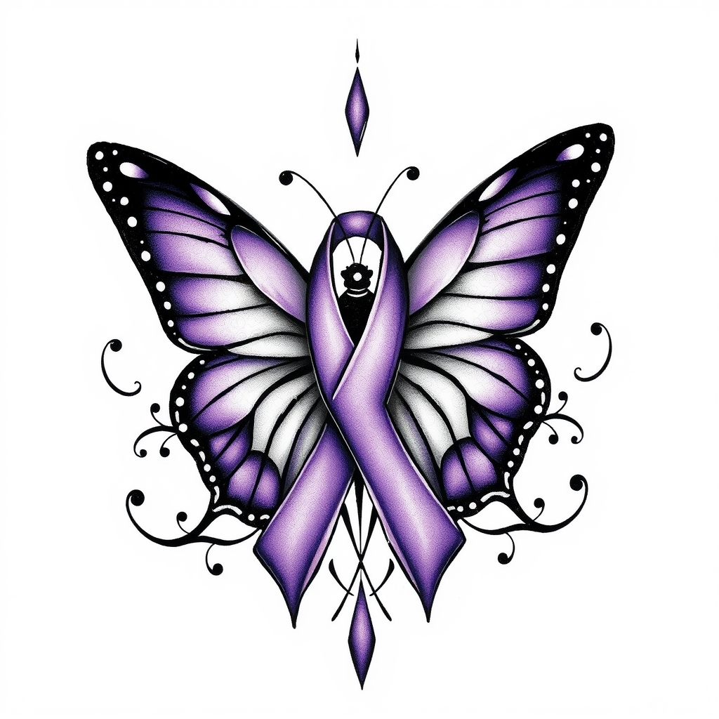 A tattoo design of  crying with the domestic awareness ribbon with a purple butterfly entwined together in the style of tribal. - domestic awareness tattoo design generated by AI tattoo generator