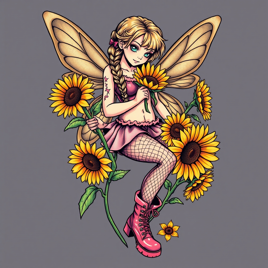 A tattoo design of Strong fiesty flower fairy,  blonde hair in braids, pink dm boots, fishnet tights holding sunflowers in the style of realistic. - mythical creatures tattoo design generated by AI tattoo generator