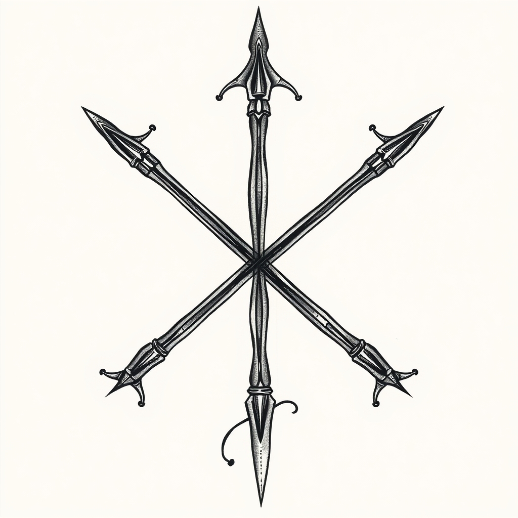 A tattoo design of three interlocking longbows spiraling from a center ppint in the style of realistic. - archery equipment tattoo design generated by AI tattoo generator