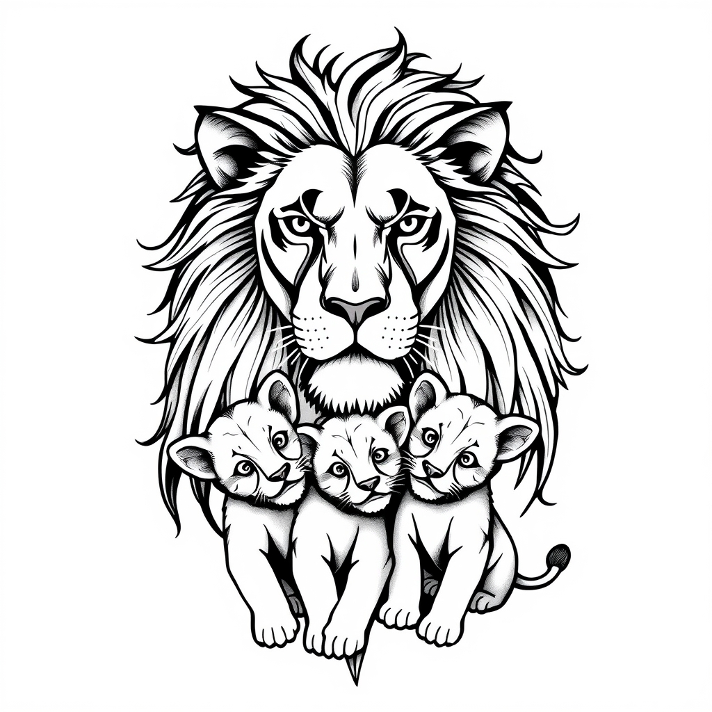 A tattoo design of A lion and his cubs  in the style of blackwork. - wildlife tattoo design generated by AI tattoo generator