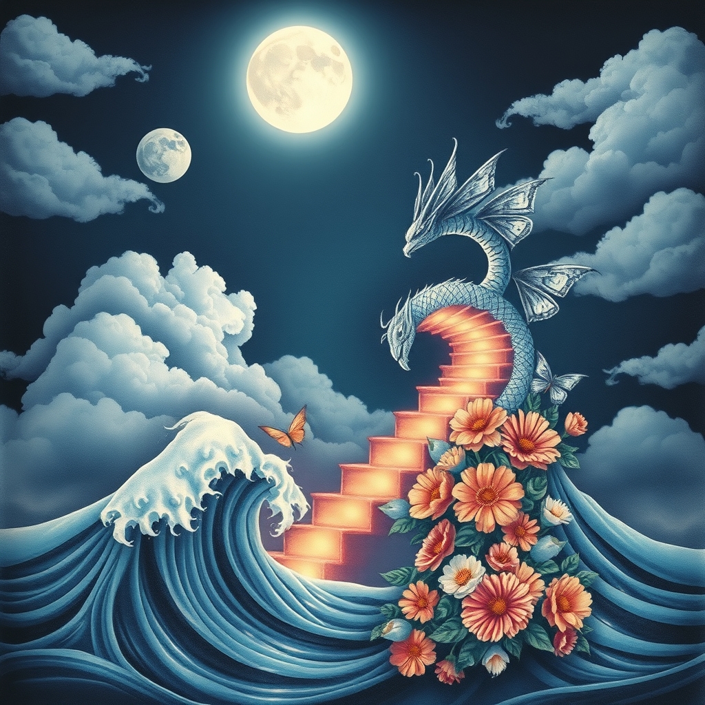 A tattoo design of aves, meets mc escher stairway folding into itself in the sky , the cresting waves turn into dragons, the dragons turn into butterflies and the butterflies turn into flowersin a night scene with the white glowing, with geometric glowing hexagram shaped planets in the sky moon , halfway full, the pale light splashing on the clouds that swirl mimicking the waves and the waves mimic the steady wind, the creating waves turm into dragons and the dragons into flowers in the style of watercolor. - mythical creatures in nature tattoo design generated by AI tattoo generator