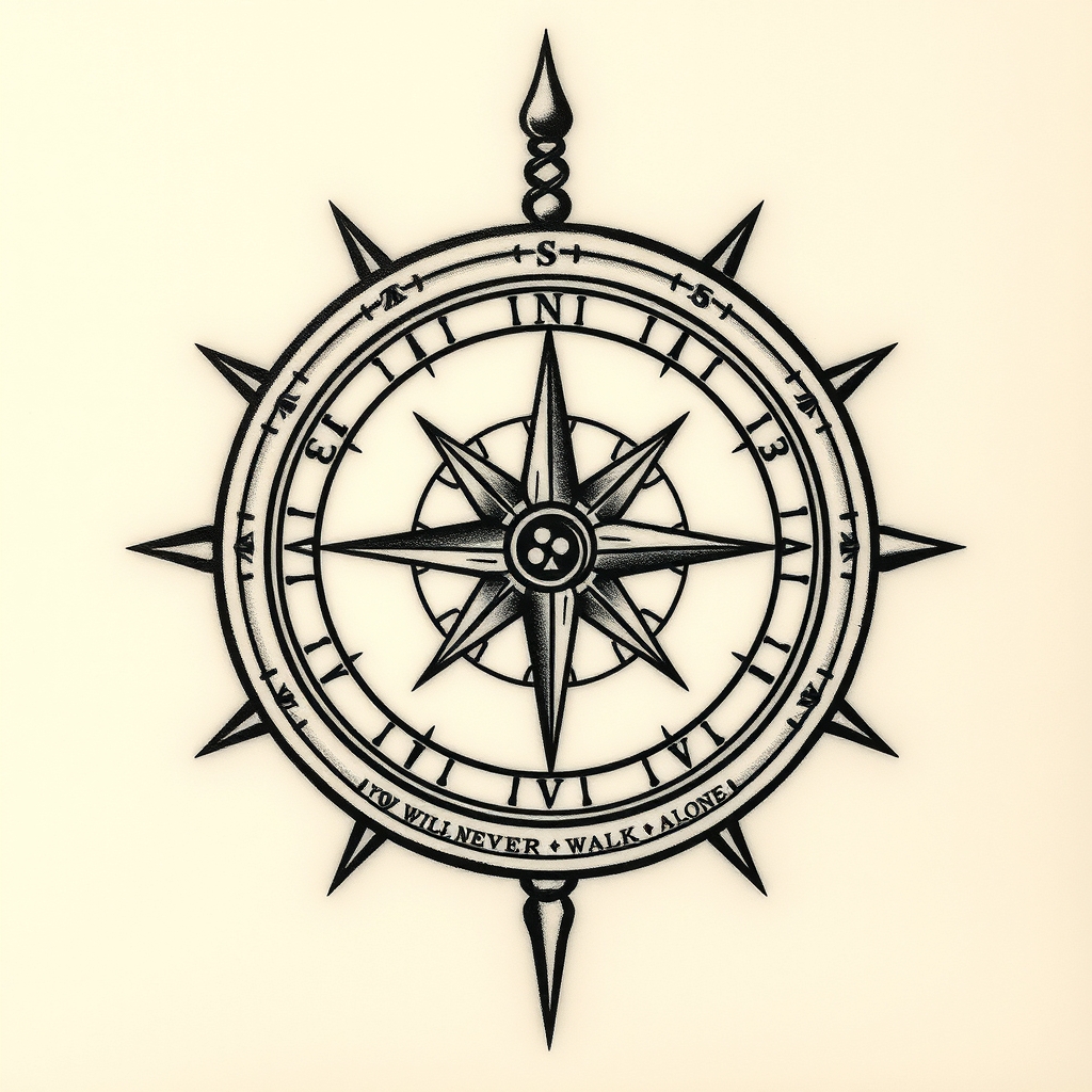 A tattoo design of Compass, you will never walk alone in the style of traditional. - nautical symbol tattoo design generated by AI tattoo generator