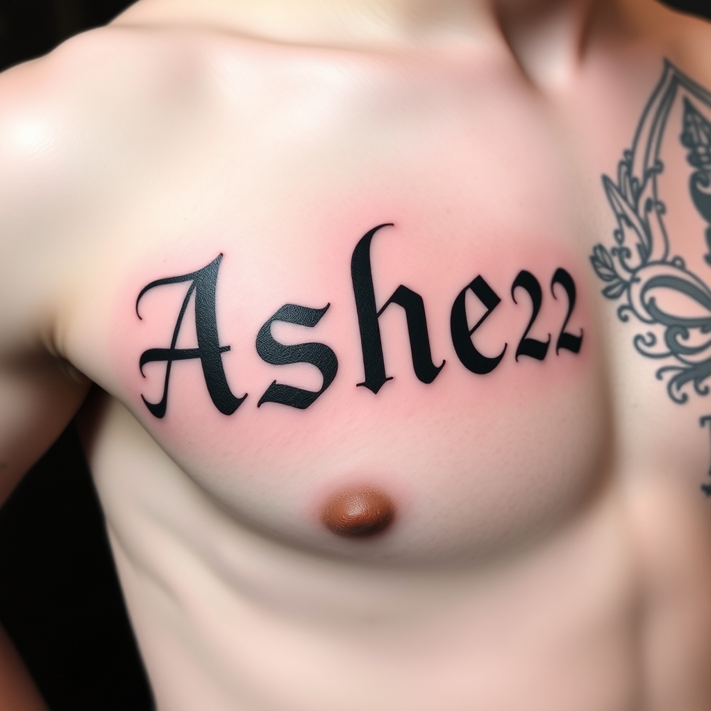 A tattoo design of Words "Ashes 222 Ashes" on right pectoralis in the style of minimalist. - text tattoo design generated by AI tattoo generator
