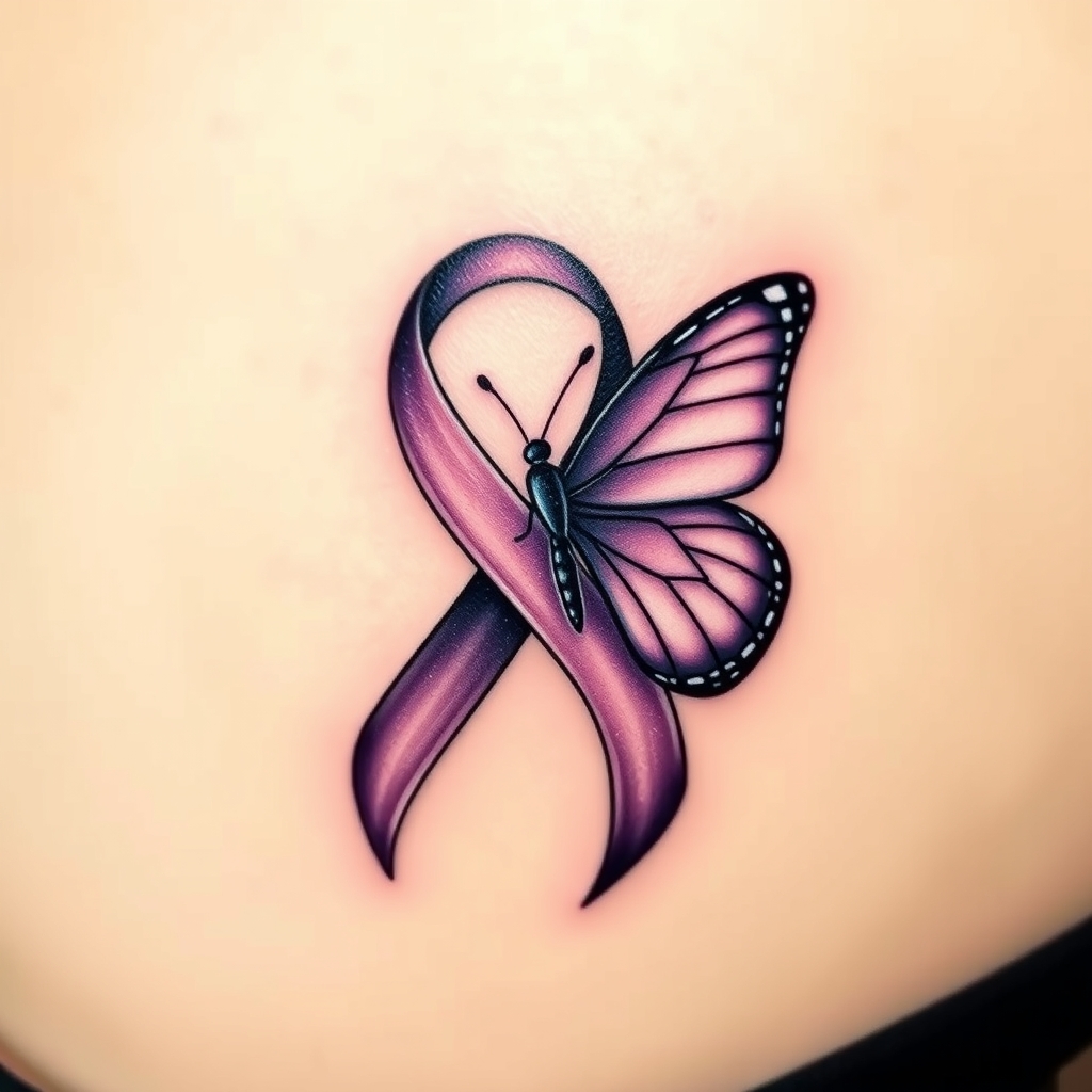 A tattoo design of Domestic violence ribbon awareness inclined together with a purple butterfly in the style of realistic. - domestic violence awareness tattoo design generated by AI tattoo generator