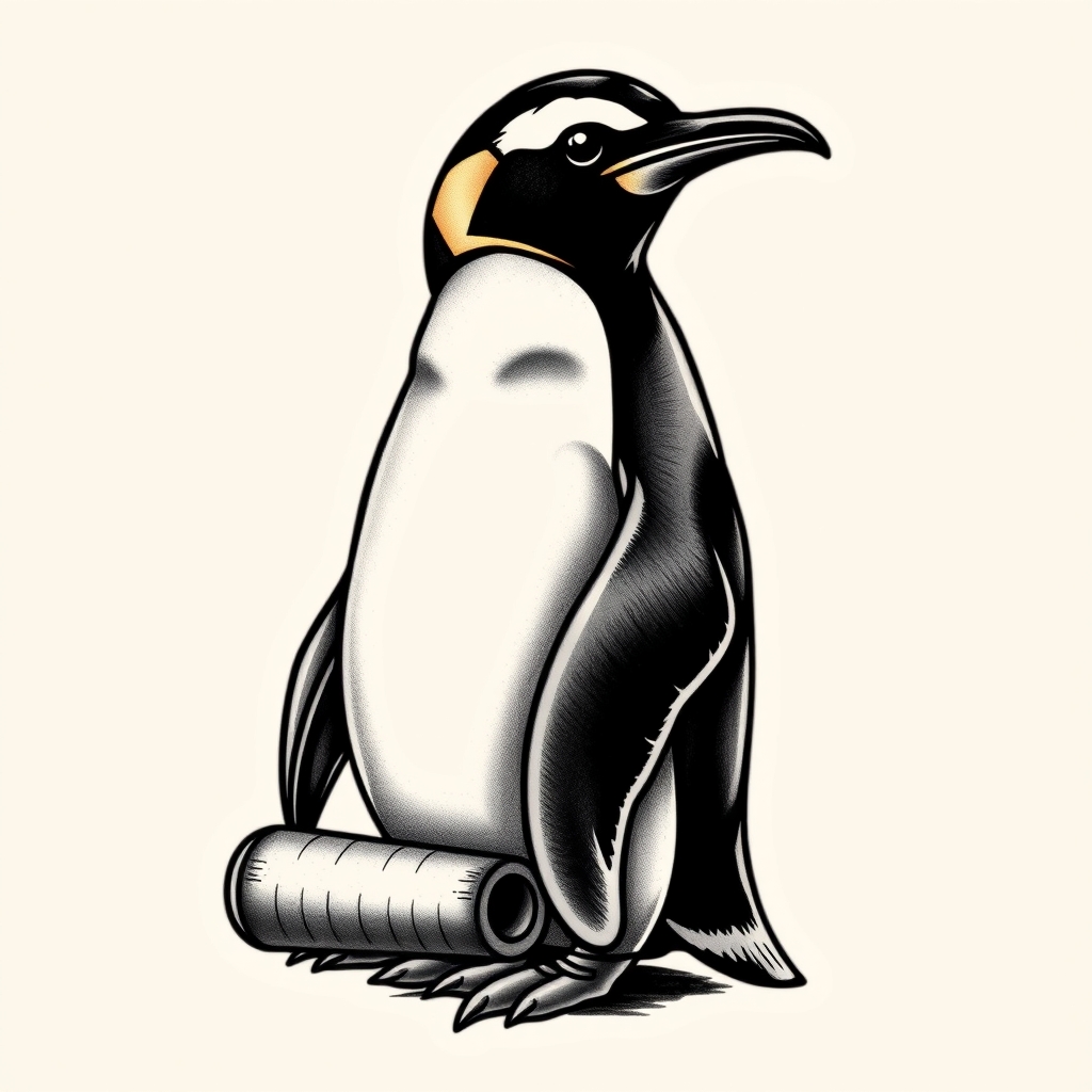 A tattoo design of Penguin with rollers in the style of realistic. - animal wildlife tattoo design generated by AI tattoo generator