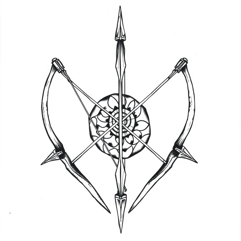 A tattoo design of three interlocking longbows and spiraling from a center ppint in the style of traditional. - archery symbols tattoo design generated by AI tattoo generator