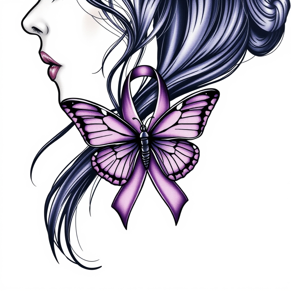 A tattoo design of A woman crying with the domestic awareness ribbon with a purple butterfly entwined together in the style of geometric. - mental health awareness tattoo design generated by AI tattoo generator