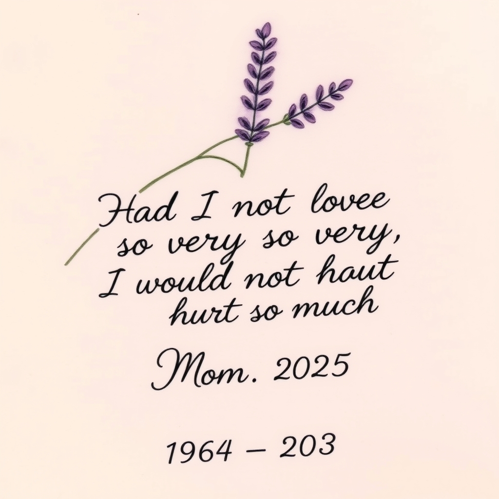 A tattoo design of Lavender with the words Had I not loved so very much, I would not hurt so much in cursive. Mom 1964-2025 underneath in serif  in the style of watercolor. - memorial tattoo design generated by AI tattoo generator