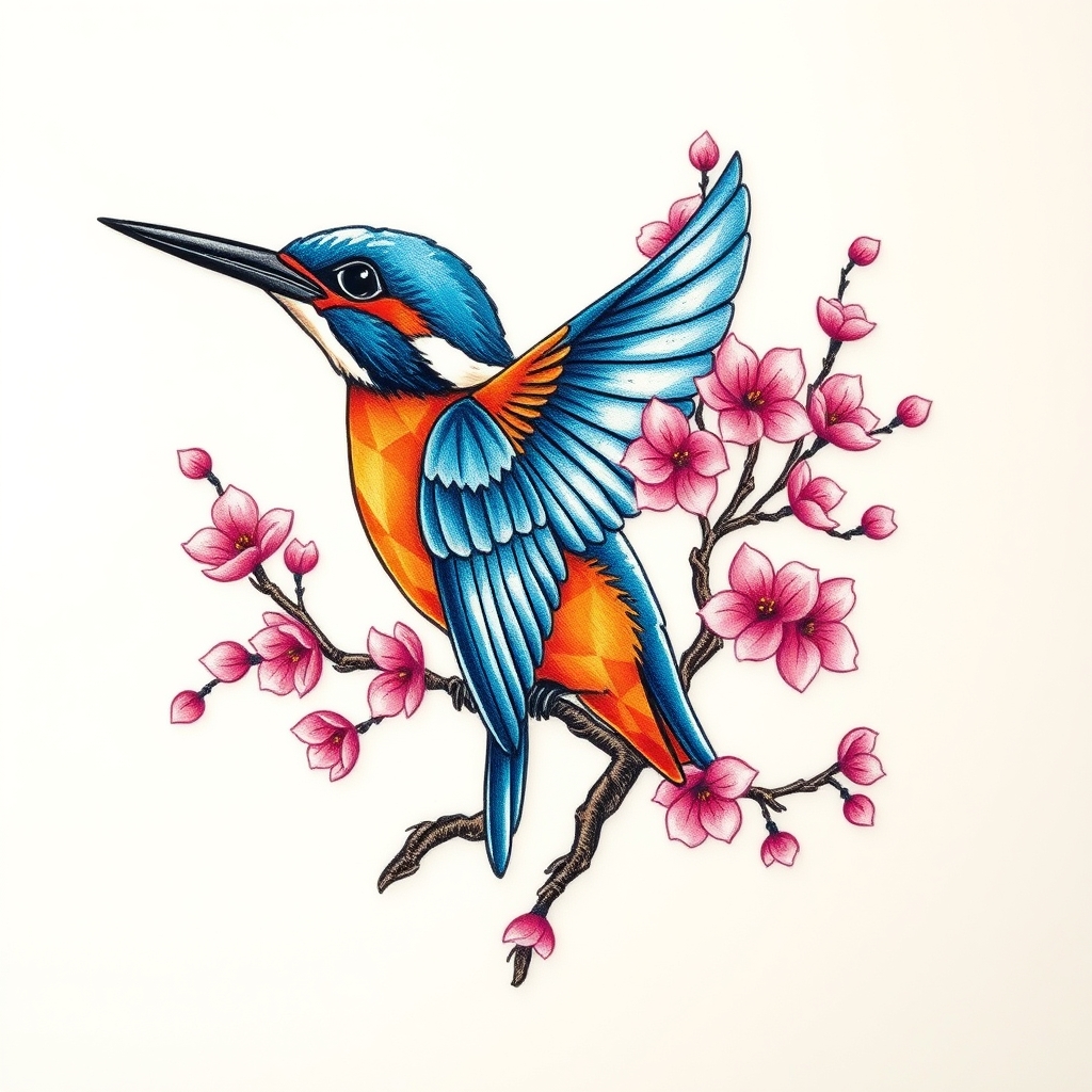A tattoo design of blue and orange kingfisher in flight with pink cherry blossom tree in the style of geometric. - birds and flowers tattoo design generated by AI tattoo generator