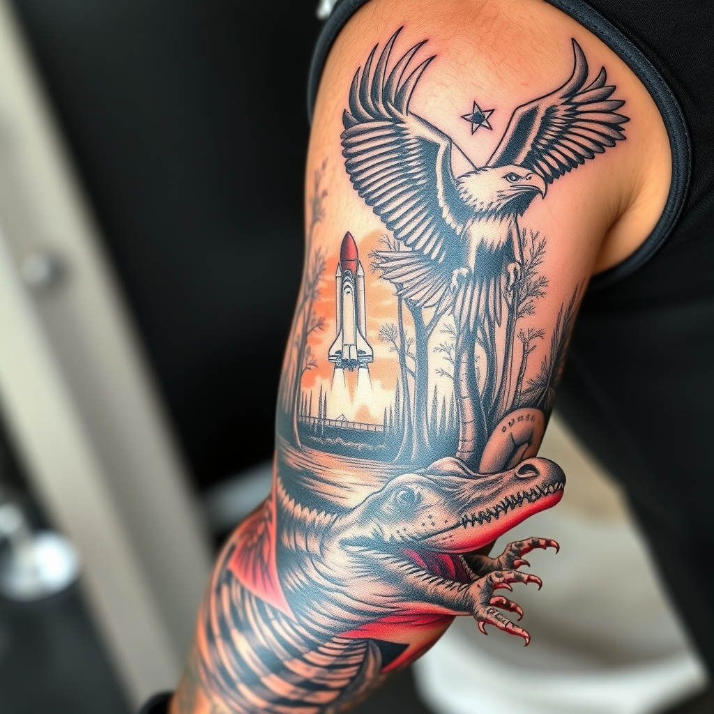 A tattoo design of Right arm full sleeve with the upper containing Harley Davidson theme with eagles mixed with the lower of Florida cypress swamp theme with alligator and space shuttle launch in the background  in the style of realistic. - motorcycle travel nature scene tattoo design generated by AI tattoo generator