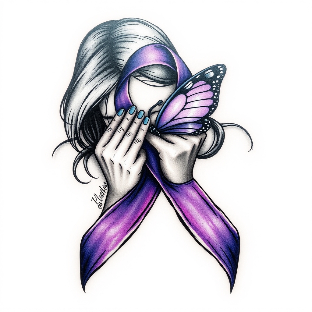 A tattoo design of Domestic violence ribbon awareness inclined together with a purple butterfly as a women hunched over her hands overing her face in the style of abstract. - domestic violence awareness tattoo design generated by AI tattoo generator