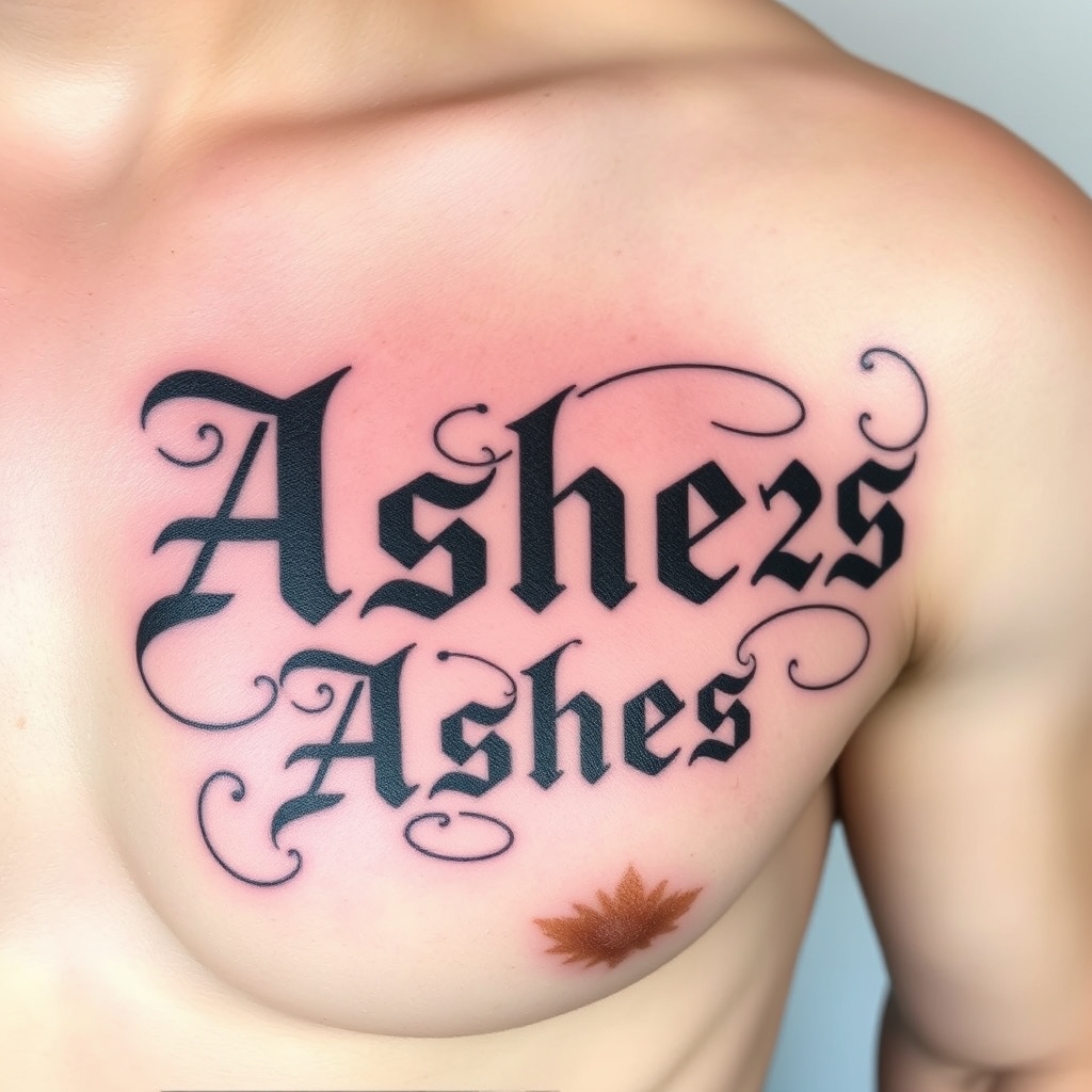 A tattoo design of Words "Ashes 222 Ashes" on left pectoralis in the style of traditional. - text tattoo design generated by AI tattoo generator