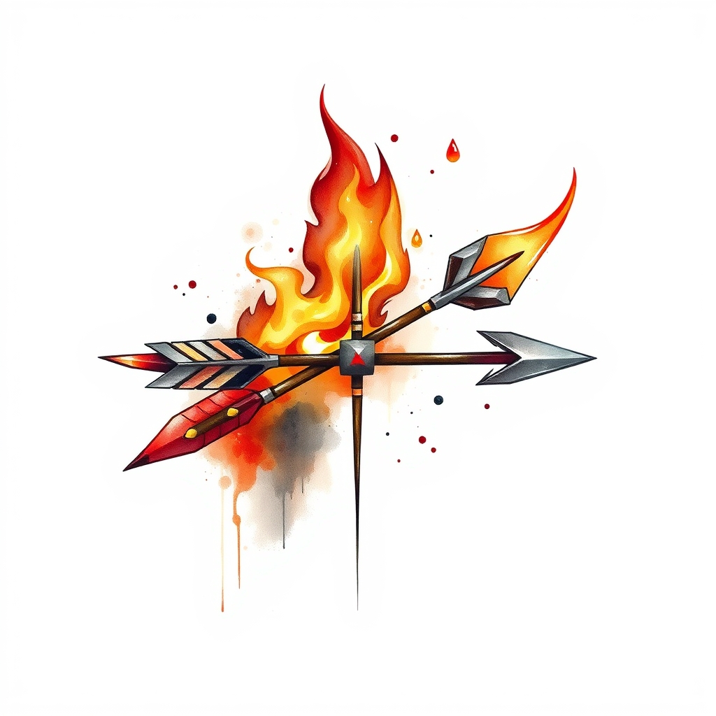 A tattoo design of Arrow stylized with fire element in the style of watercolor. - fire element tattoo design generated by AI tattoo generator