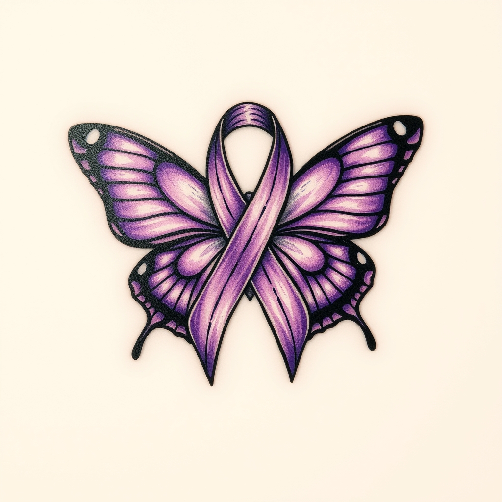 A tattoo design of  crying with the domestic awareness ribbon with a purple butterfly entwined together in the style of traditional. - awareness ribbon tattoo design generated by AI tattoo generator