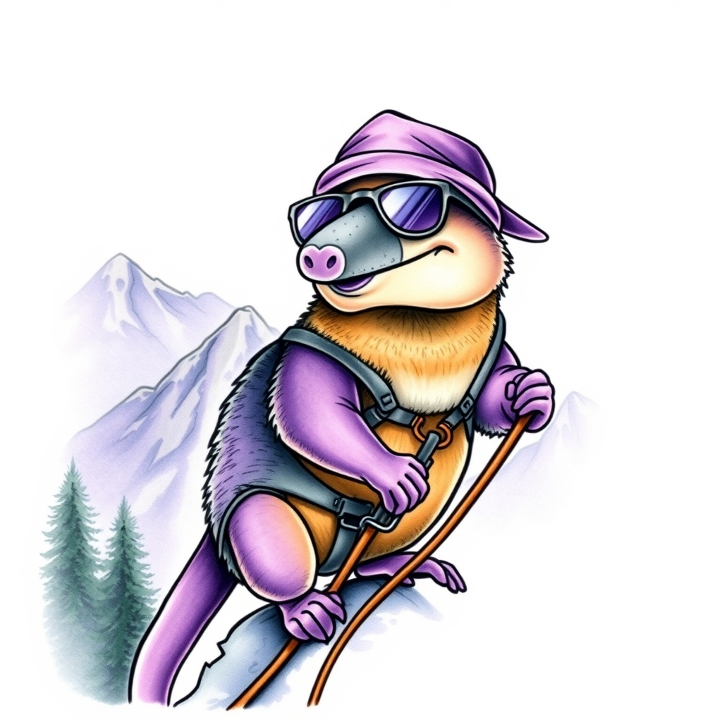 A tattoo design of A platypus who wears a backwards hat and sunglasses, loves the color purple, and is rock climbing with a rope and harness on a mountain with trees in the background. His name is Brad and he is goofy. in the style of watercolor. - animals wildlife tattoo design generated by AI tattoo generator