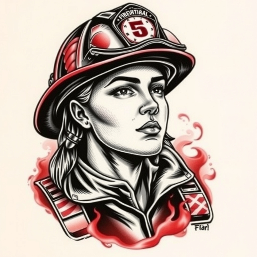 A tattoo design of Firefighter pinup in the style of realistic. - occupation tattoo design generated by AI tattoo generator