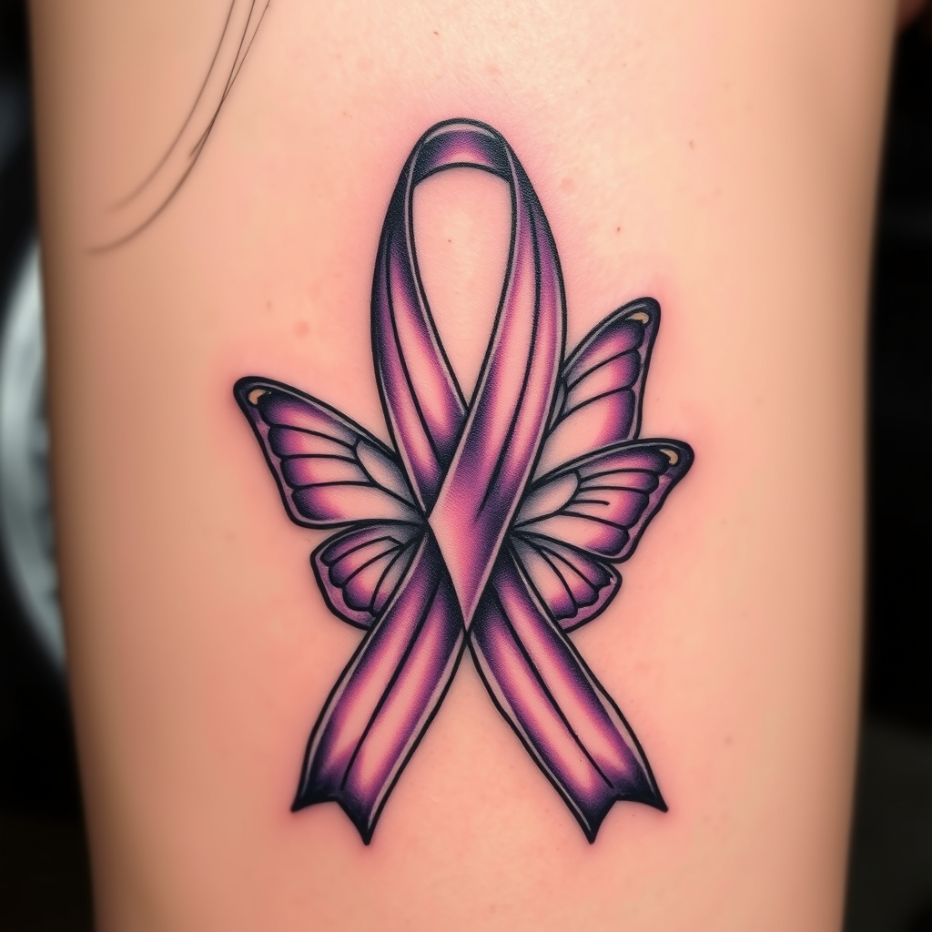 A tattoo design of A woman crying with the domestic awareness ribbon with a purple butterfly entwined together in the style of blackwork. - domestic violence awareness tattoo design generated by AI tattoo generator