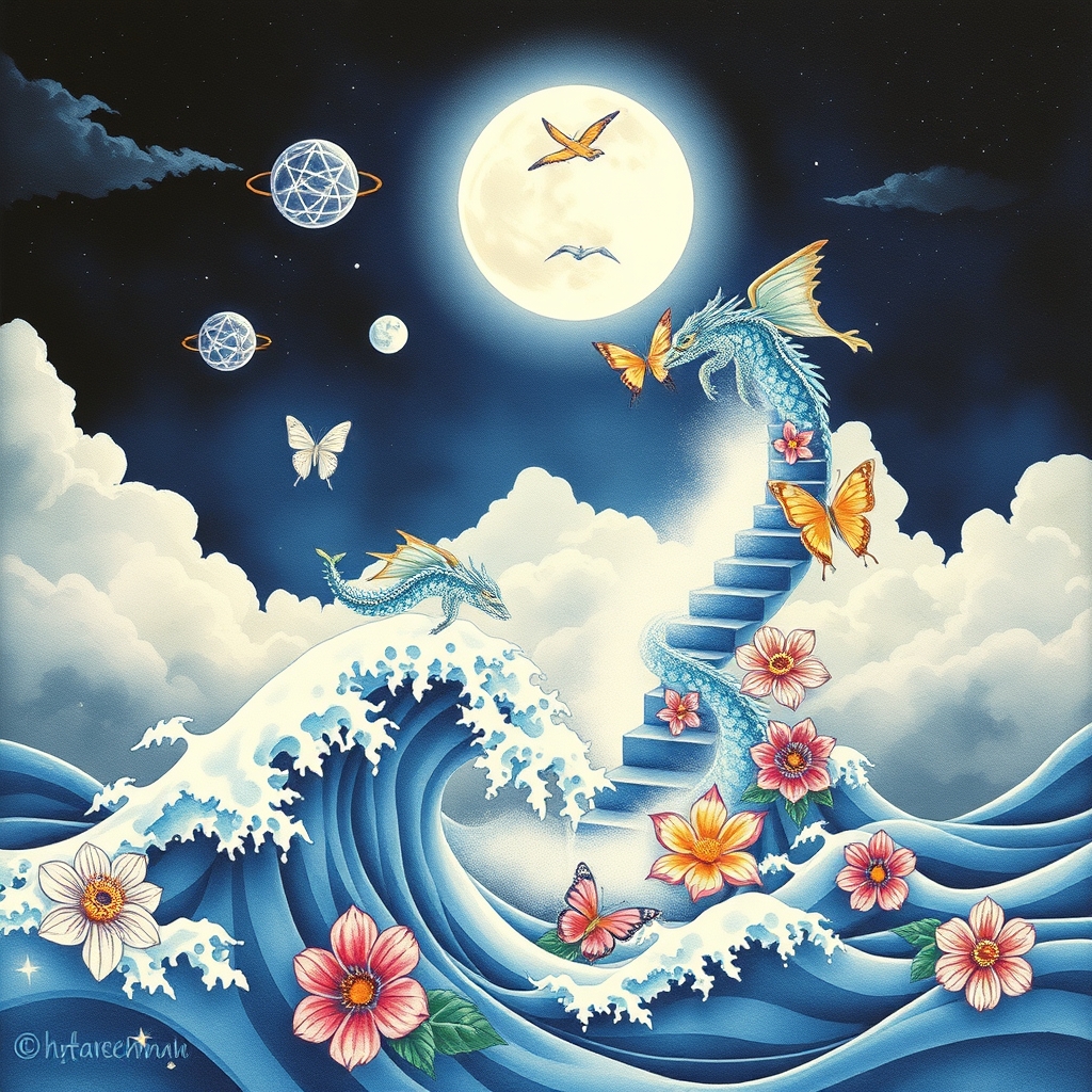A tattoo design of aves, meets mc escher stairway folding into itself in the sky , the cresting waves turn into dragons, the dragons turn into butterflies and the butterflies turn into flowersin a night scene with the white glowing, with geometric glowing hexagram shaped planets in the sky moon , halfway full, the pale light splashing on the clouds that swirl mimicking the waves and the waves mimic the steady wind, the creating waves turm into dragons and the dragons into flowers in the style of watercolor. - dreamlike fantasy landscape tattoo design generated by AI tattoo generator