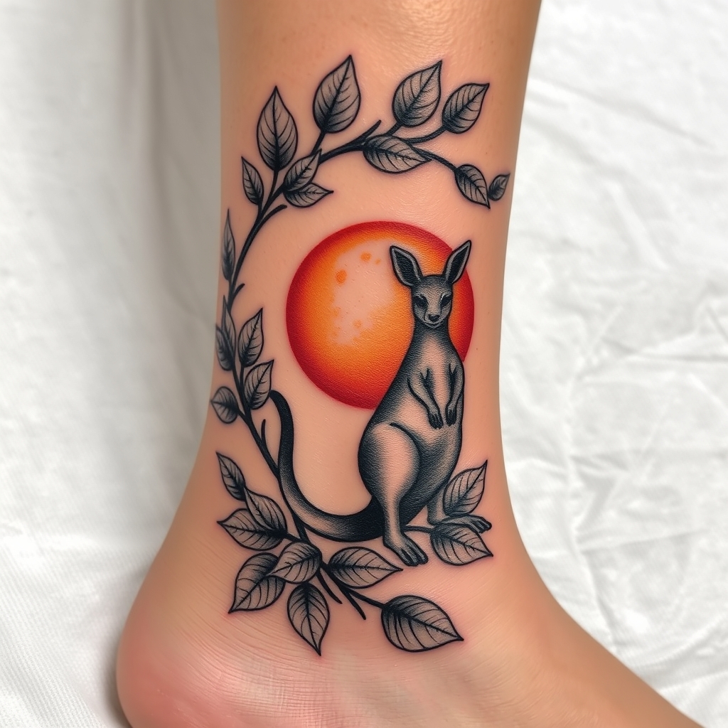 A tattoo design of Eycuyptus leaves around the entire ankle with a kangroo in front of the sun kle with Kangaroo and sun in the style of realistic. - nature tattoo design generated by AI tattoo generator