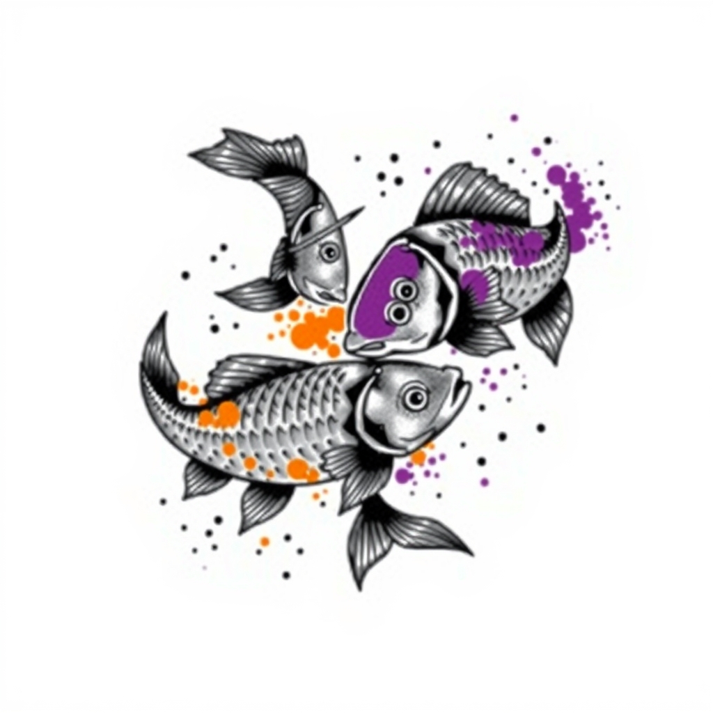 A tattoo design of 3 coy fish swimming around each other. Black and grey design. One with a splash of orange and one with a splash of purple in the style of traditional. - fish tattoo design generated by AI tattoo generator