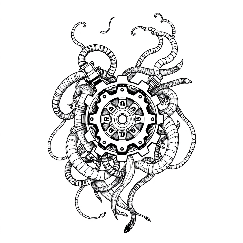 A tattoo design of “Black-and-white biomechanical tattoo design rendered in detailed line art. A central cog-like gear is surrounded by intertwining wires, steel tubing, and organic vein-like forms, merging mechanical and anatomical features. Bold outer lines give it structure, while internal components are illustrated with intricate, fine-lined patterns that mimic metal textures and muscle fibers. The entire design flows like a living machine. There is no color or gradient—only high-contrast black ink outlines and detailed hatching—making this ideal for a printable adult coloring book focused on surreal biomechanical themes. Space available for a quote or label along the margin.” in the style of realistic. - biomechanical design tattoo design generated by AI tattoo generator