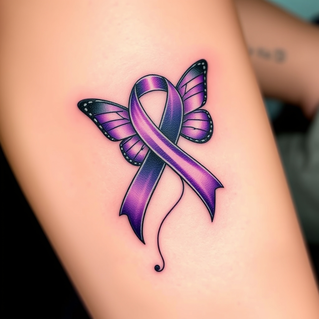 A tattoo design of Domestic violence ribbon awareness inclined together with a purple butterfly in the style of realistic. - domestic violence awareness tattoo design generated by AI tattoo generator