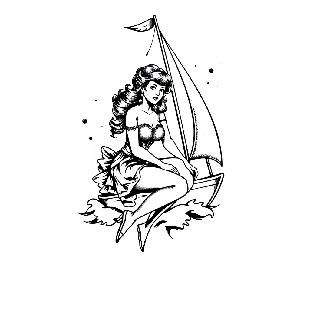 A tattoo design of pinup girl sailboat vintage tattoo on white background in the style of blackwork. - pinup girl tattoo design generated by AI tattoo generator