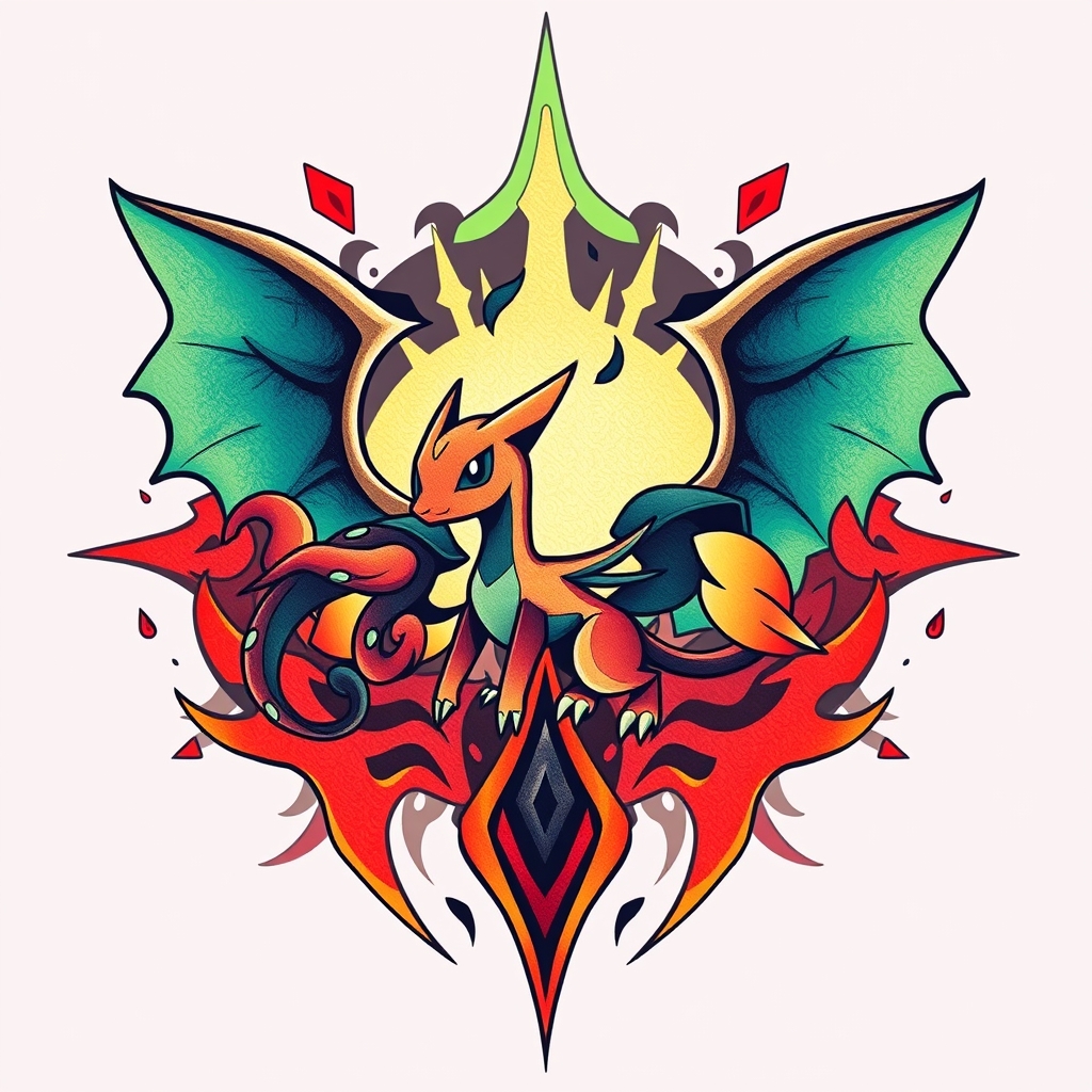 A tattoo design of Pokemon Evoli im Zentrum mit Evolutions in the style of abstract. - pokemon tattoo design generated by AI tattoo generator
