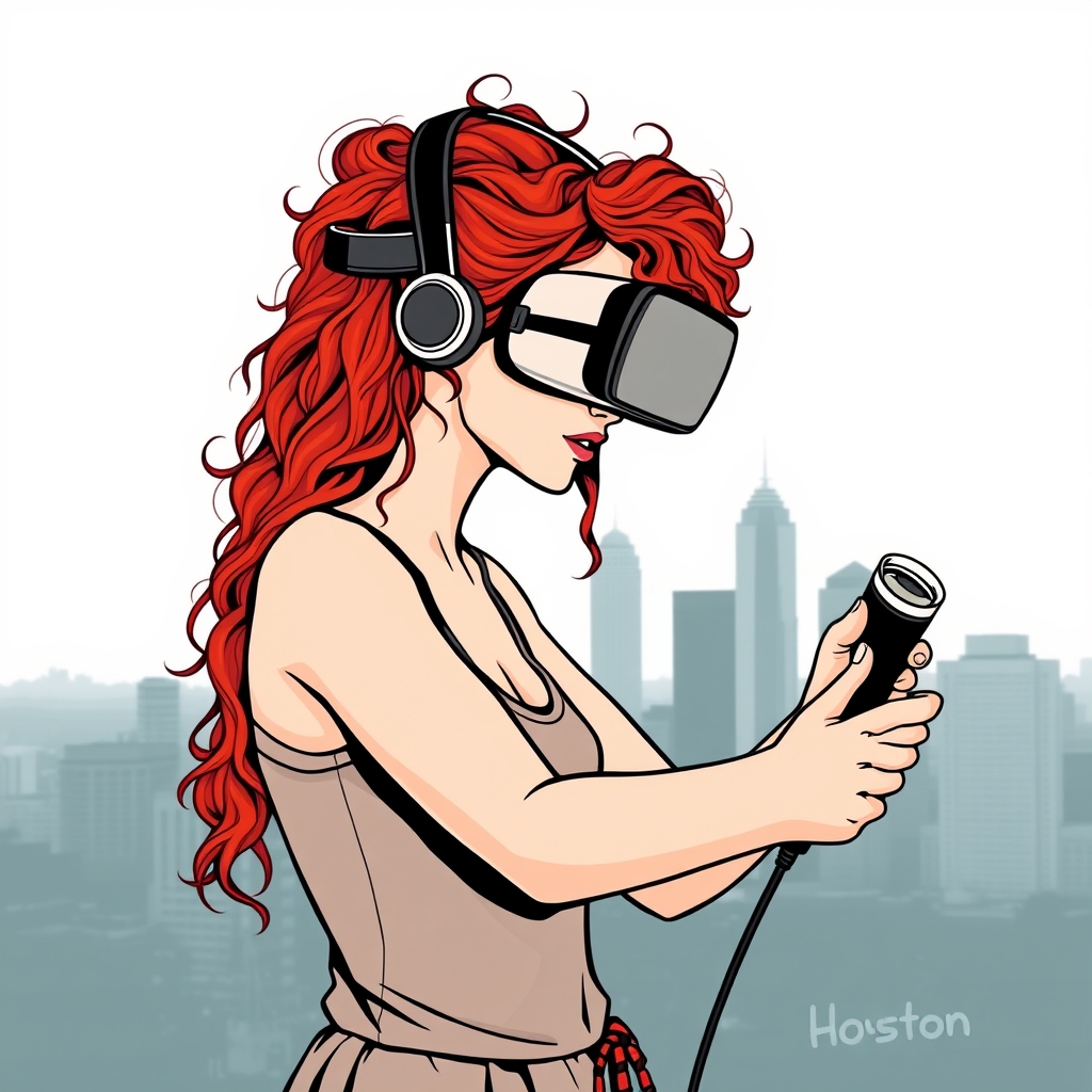 A tattoo design of Redhead girl with curly hair playing vr with s Houston Texas skyline in the background in the style of minimalist. - virtual reality tattoo design generated by AI tattoo generator