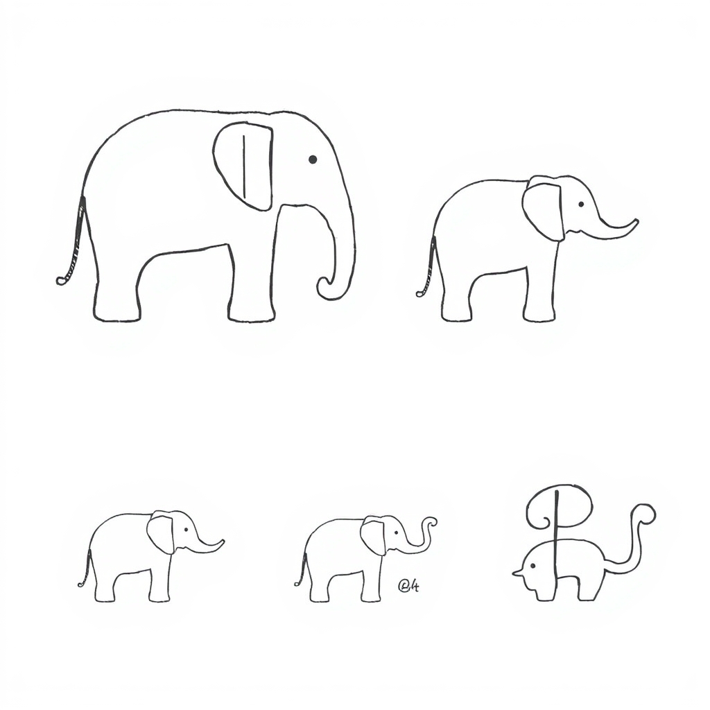A tattoo design of Elephant 1 (Biggest) Draw a standard minimalist elephant silhouette (arched back, rounded belly, raised trunk). Inside the ear, sketch a clean capital “D” shape: a vertical line in the ear’s fold, with the arc matching the ear curve. 2. Elephant 2 (Slightly Smaller) Use a similar silhouette, slightly reduced. In the trunk, have it curve down like a vertical line, with two short horizontal strokes—just enough to read as an uppercase “F”, but still fluid. 3. Elephant 3 (Medium) Slightly smaller than the second. On the back curve, incorporate two soft peaks so that the arch subtly forms a “W” silhouette—natural yet intentional. 4. Elephant 4 (Smallest) The smallest silhouette with a playful, lifted trunk. At the end of the tail, add a smooth curl that loops like the bowl of “P”, with a subtle stem from the tail base. --- Tips for the Tattoo Artist Use thin, consistent line weight for all outlines. Keep the letters integrated—not obvious, but clear when observed closely. Ensure the elephants decrease in size at even steps. Add a soft guiding line beneath their feet if desired to unify the composition. in the style of realistic. - elephant tattoo design generated by AI tattoo generator