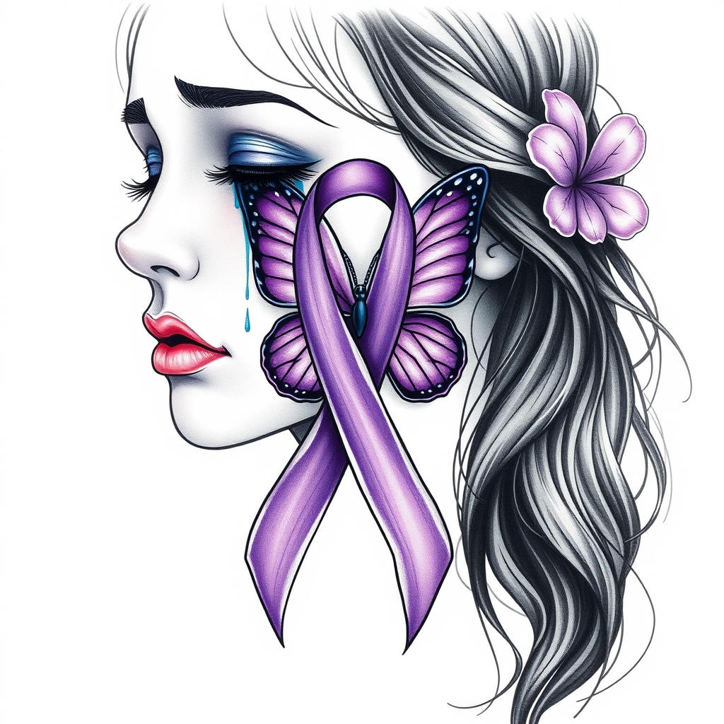A tattoo design of A woman crying with the domestic awareness ribbon with a purple butterfly entwined together in the style of realistic. - mental health awareness tattoo design generated by AI tattoo generator