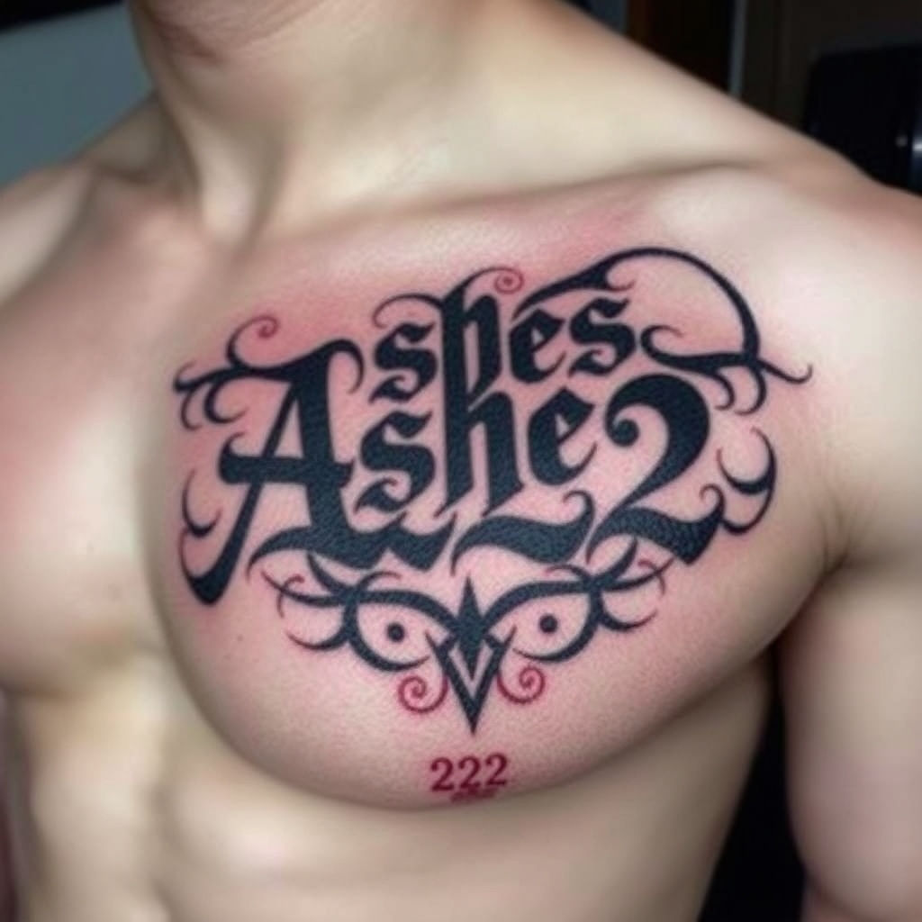 A tattoo design of "Ashes 222 Ashes" on left pectoralis in the style of tribal. - numerical symbol tattoo design generated by AI tattoo generator