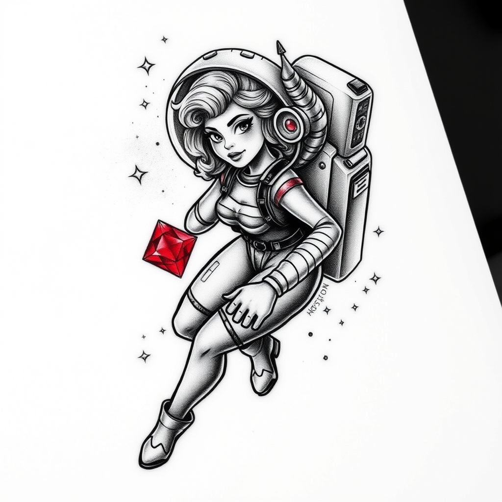 A tattoo design of I would like a space themed black and Grey tattoo of a curly light-haired skinny pin up girl traveling through space. Her space suit or weapon will have a ruby incorporated into it which will shine red. It will be the only color. Also include a reference to Houston, Texas please. in the style of realistic. - space travel tattoo design generated by AI tattoo generator
