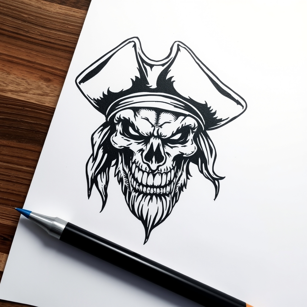A tattoo design of b/w angry pirate face on white paper in the style of realistic. - pirate face tattoo design generated by AI tattoo generator