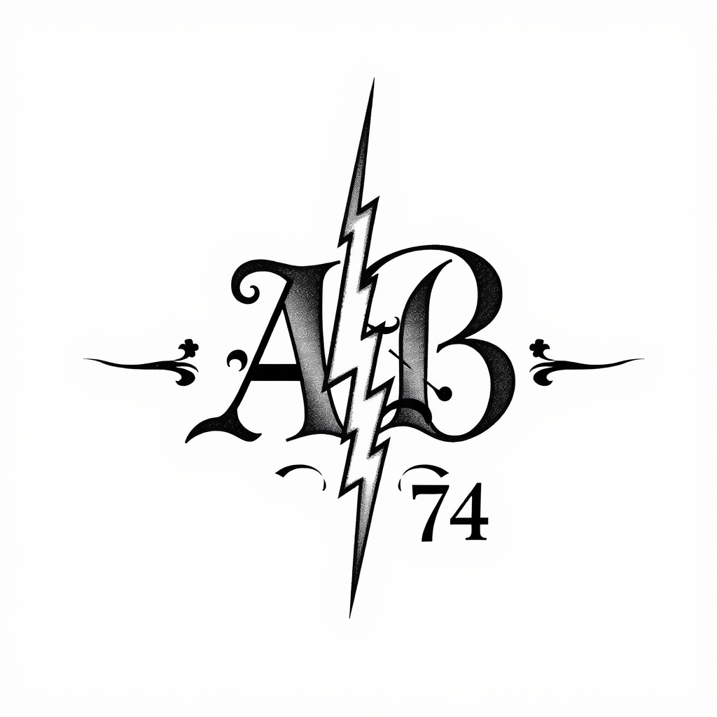 A tattoo design of Initials AB, year 74, lightning bolt in the style of traditional. - symbol tattoo design generated by AI tattoo generator