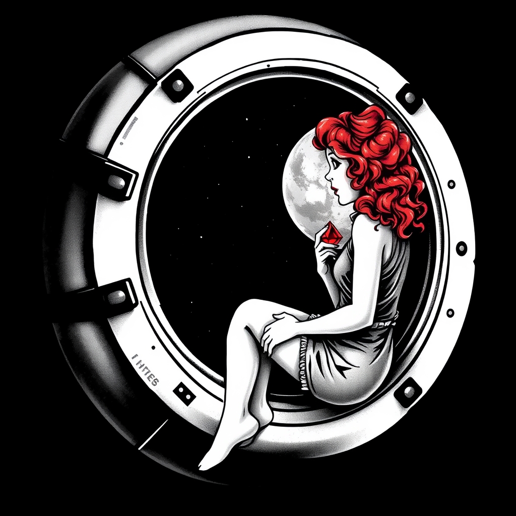 A tattoo design of Black and grey style. Curious redhead woman in romper with curly hair sitting in a small space capsule alone, facing the window. Floating through space with nothing to keep her company but a shining red ruby which she holds close by the porthole window. They are both sitting by the window peering out on an unknown planet. in the style of abstract. - space travel tattoo design generated by AI tattoo generator