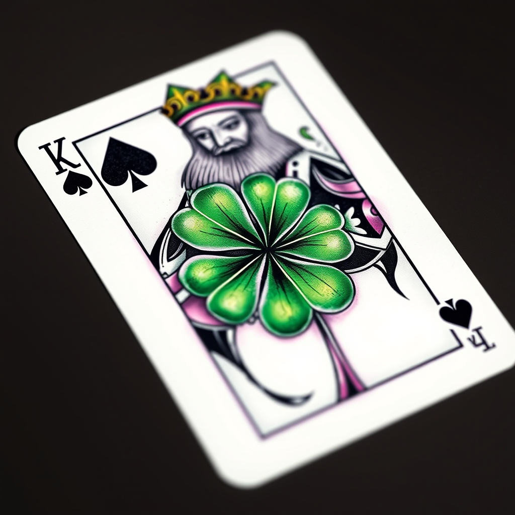 A tattoo design of I would like a 3 dimensional photo realistic playing card, the king of 4 leaf clovers, with black, green, and purple ink, maybe some white ink for highlighting. NO red ink. in the style of blackwork. - playing card tattoo design generated by AI tattoo generator