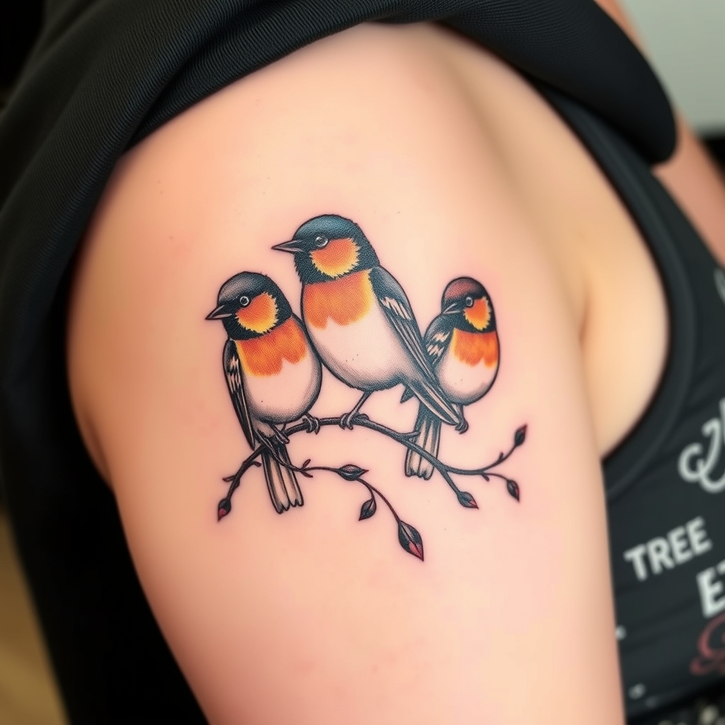 A tattoo design of Three little birds tattoo in the style of realistic. - animals birds tattoo design generated by AI tattoo generator
