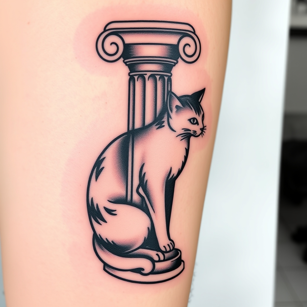 A tattoo design of Greek pillar with a cat in the style of traditional. - architecture animal tattoo design generated by AI tattoo generator