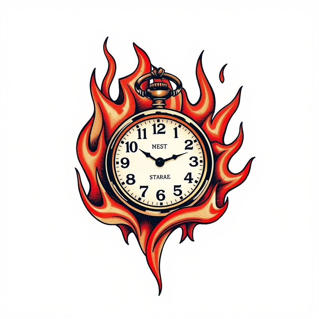 A tattoo design of vintage pocket watch on flames in the style of abstract. - timepiece tattoo design generated by AI tattoo generator
