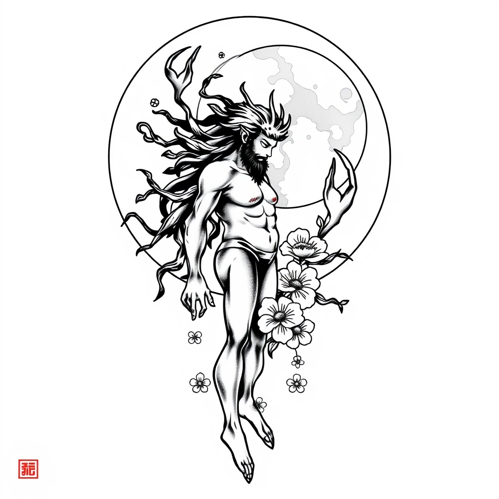 A tattoo design of ♋ cancer man june side of the moon 🌚 in the style of japanese. - astrology zodiac tattoo design generated by AI tattoo generator