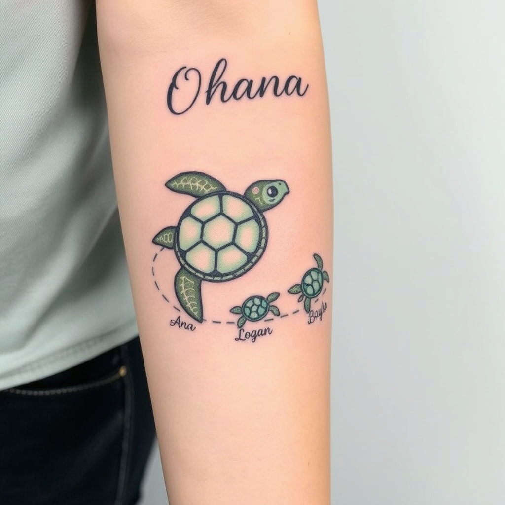 A tattoo design of I want a custom forearm tattoo featuring a momma sea turtle and three baby turtles, inspired by the characters from Finding Nemo—cute, rounded, with expressive features. At the top of the design, near my elbow, I want the word ‘Ohana’ in a script that curves around my arm slightly. The momma turtle will lead the way, and behind her, the three baby turtles will swim in a flowing line toward my wrist. I’d like a stream of water that weaves between and around all the turtles to connect them, giving it movement and a sense of journey. The names Ana, Logan, and Baylee should be placed just beside each baby turtle—not on the shells—and written in a delicate script font. For colors, I prefer a limited palette: muted seafoam and olive greens for the turtles, light teal or watercolor blue for the stream, and sandy beige or soft gray for the names and ‘Ohana.’ The overall style should feel soft and elegant with fine lines, but still playful like the turtles in Finding Nemo. It should flow naturally with the shape of my right forearm in the style of traditional. - marine life tattoo design generated by AI tattoo generator