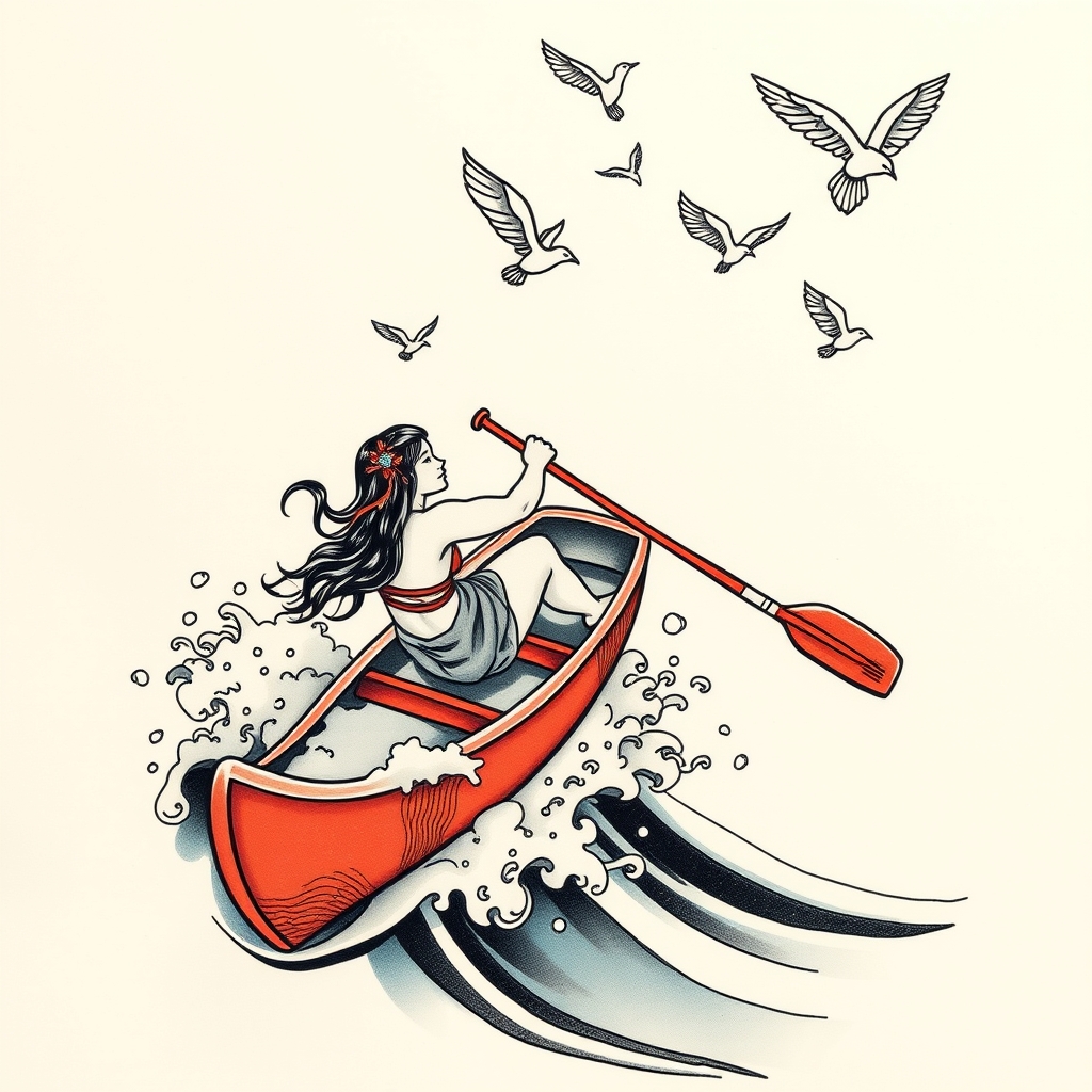 A tattoo design of A strong woman diving off a canoe into water wuth birds flying above in the style of japanese. - woman diving tattoo design generated by AI tattoo generator