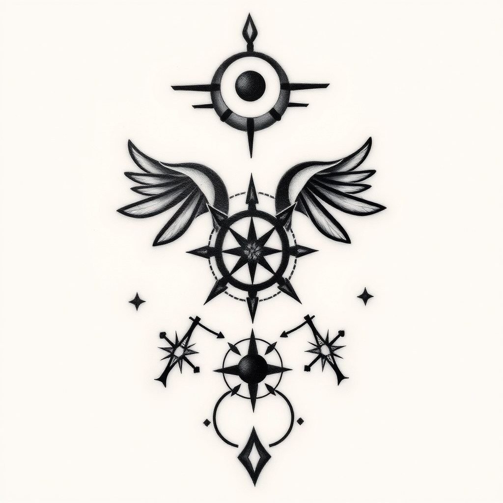 A tattoo design of Incorporate the Swahili symbol for hakuna matata, gemini zodiac sign or constellation, and symbols of Alan watts teachings such as universal consciousness and letting go of ego in the style of realistic. - spiritual symbols tattoo design generated by AI tattoo generator