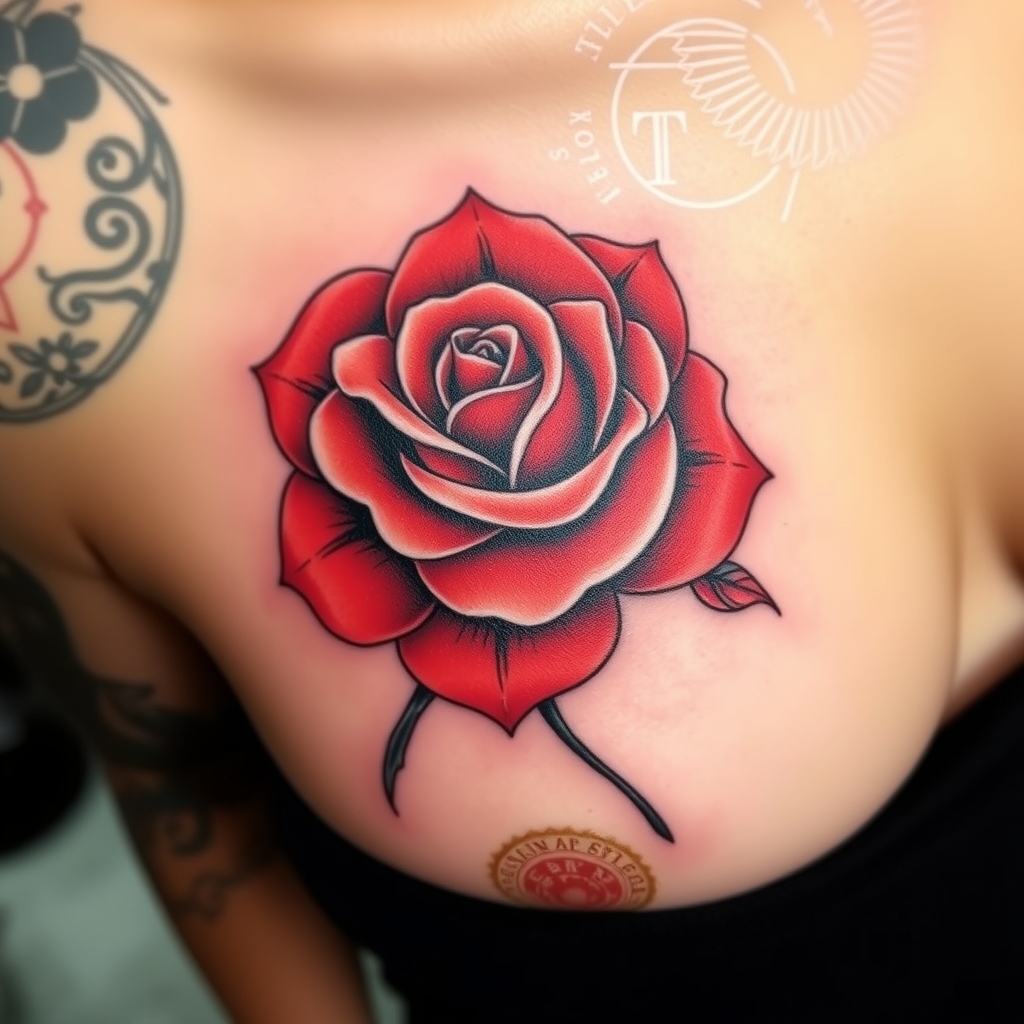 A tattoo design of Red rose on left breast in the style of realistic. - flowers tattoo design generated by AI tattoo generator
