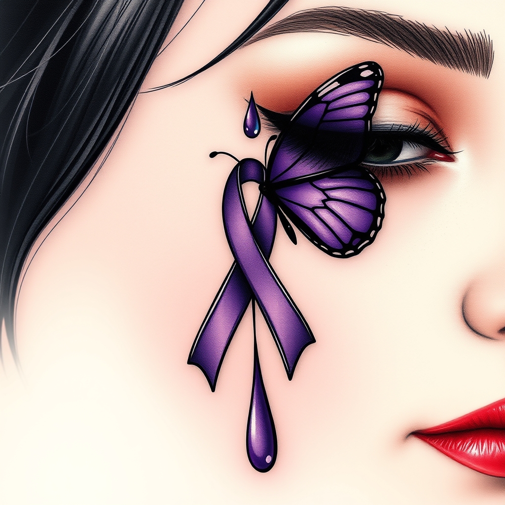 A tattoo design of A tear running down a woman's face with a domestic violence ribbon and a purple butterfly entwined together in the style of realistic. - domestic violence awareness tattoo design generated by AI tattoo generator