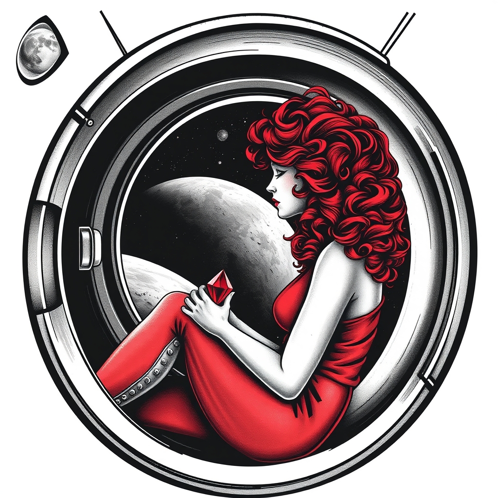 A tattoo design of Black and grey style. Redhead woman with curly hair sitting in a small space capsule alone. Floating through space with nothing to keep her company but a shining red ruby which she holds close by the porthole window. They are both sitting by the window peering out on an unknown planet. in the style of realistic. - space travel tattoo design generated by AI tattoo generator