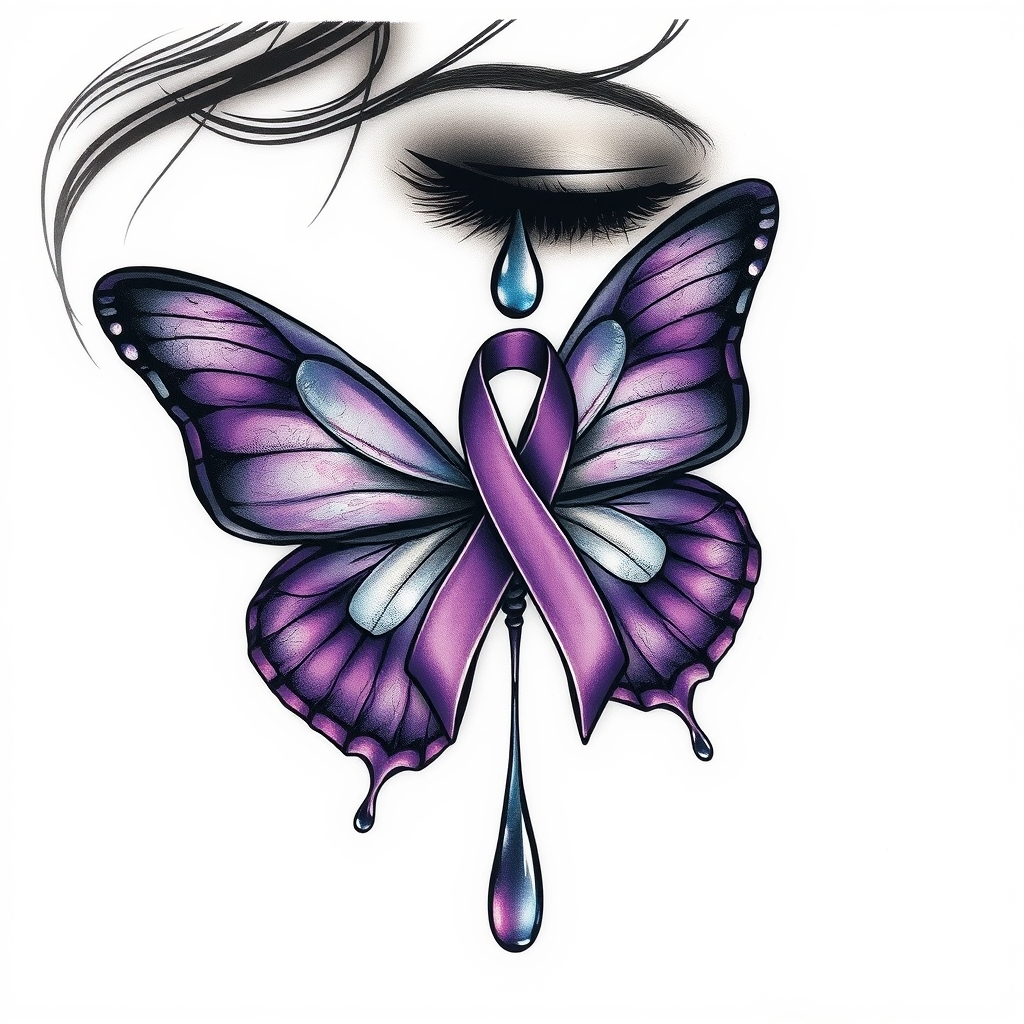 A tattoo design of A tear running down a woman's face with a domestic violence ribbon and a purple butterfly entwined together in the style of surrealistic. - domestic violence awareness tattoo design generated by AI tattoo generator