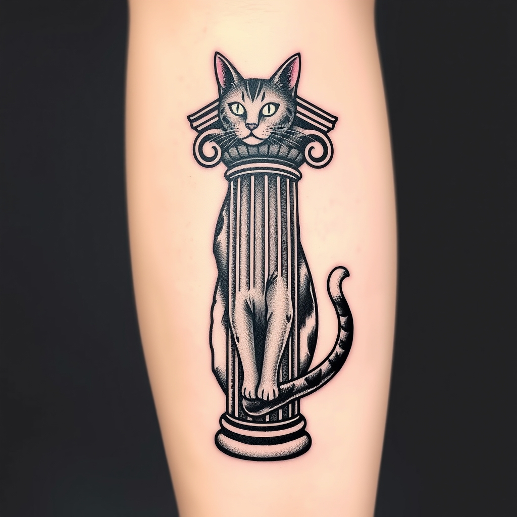 A tattoo design of Greek pillar with a cat in the style of traditional. - architecture tattoo design generated by AI tattoo generator