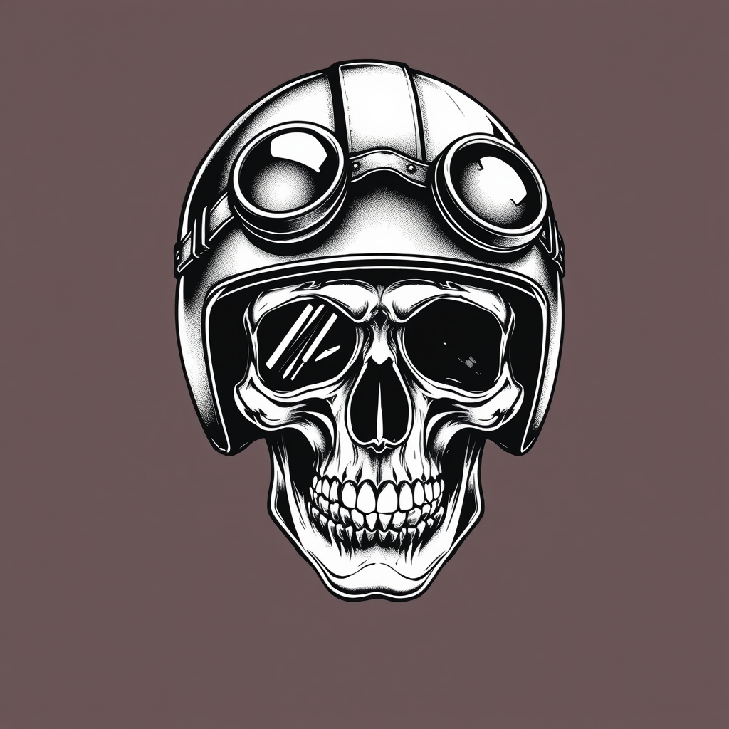 A tattoo design of vintage skull wearing old motorcycle helmet with antique glass on it in the style of blackwork. - skull with motorcycle helmet tattoo design generated by AI tattoo generator